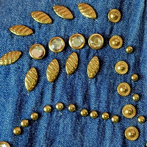 Vintage 90s Denim Midi Dress Women Medium Teacher Embellished Rhinestone 8 10 M - Picture 12 of 16